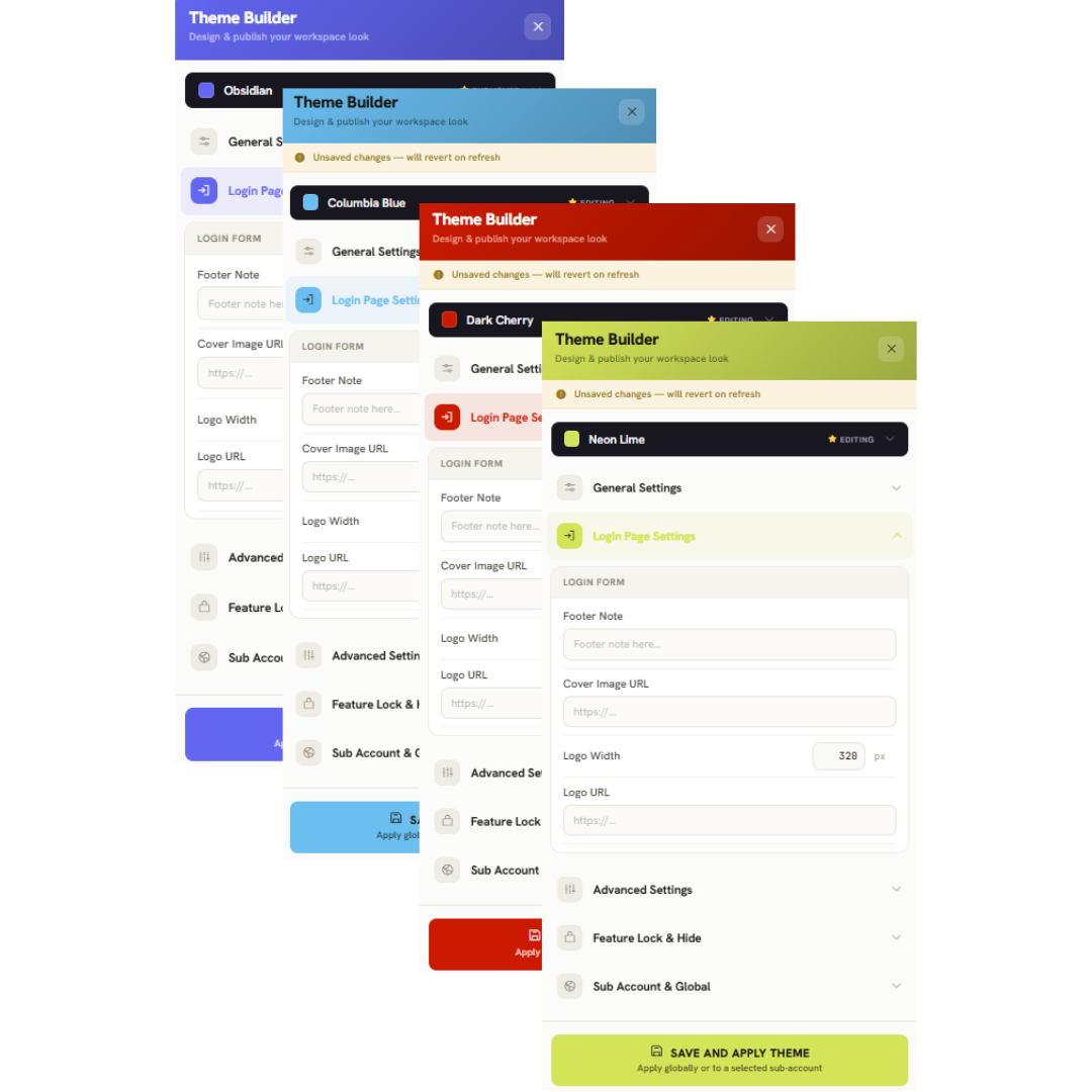 CliqLabs HighLevel Theme Builder panel showing Dark Cherry, Obsidian, Columbia Blue and Neon Lime themes